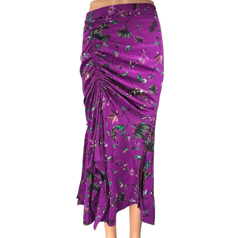 Tanya Taylor Purple 100% Silk Floral Ruched High Waisted Midi Pencil Skirt Sz 2